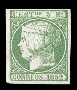 15, 1852 5R Yellowish green, fresh mint single, with ample to mostly large margins all around, strong color on clean white paper, full o.g., very fine and choice 1999 CEM
certificate ex-Caspary (Edifil 15 Ç2,725).