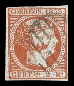 21, 1853 2R Vermilion, an attractive used example of this difficult value, ample to large margins all around, vivid rich color on crisp white paper, light oval grid cancel,
nearly very fine signed Champion and Kohler (Edifil 19 Ç4,050).