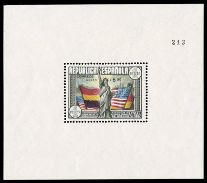 C97c, 1938 U.S. Constitution souvenir sheet, with Aereo + 5 Pes surcharge, fresh and well centered, o.g., never hinged, very fine signed Roig twice and two others (Edifil 766
Ç2,500).
