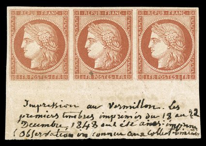 8c, 1849 1Fr Pale vermilion Vervelle on yellowish, the iconic full bottom sheet-margin unused horizontal strip of three, with manuscript notations in the sheet selvage
mentioning the printing dates of the 1Fr Vermilion, oversized even marg