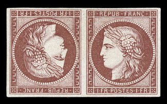 9a, 1849 1Fr Light carmine on yellowish, tete-beche, a showpiece unused horizontal face to face tete-beche pair, featuring strikingly intense color on fresh paper, ample to
mostly large margins all around, very fine.This spectacular pair is