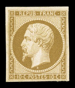 10a, 1852 10c Dark bister on yellowish, a superior mint example of this rare and seldom offered stamp, with sumptuously rich color and a fine impression on fresh paper, mostly
large margins to well clear at bottom right, part o.g., very fine a