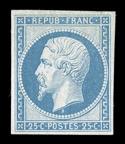 10b, 11a, 1862 10c Bister and 25c Blue re-issues, fresh mint examples of each, both with large to very large margins all around, bright colors and fine impressions, o.g., 10c
trivial h.r. and 25c l.h., extremely fine (Yvert 9c, 10c Ç1,250).