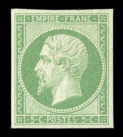 13, 1854 5c Green on greenish, especially fresh mint single, uniformly large margins all around, vivid rich color and crisp impression on immaculate paper, full clean o.g., tiny
h.r., very fine and choice 1994 von der Weid certificate (Yvert 1
