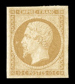 14, 1853 10c Bister on yellowish, Ty. I, choice mint example, four oversized margins, bright color and uncommonly fresh, o.g., very lightly hinged, extremely fine (Yvert 13A
Ç700).