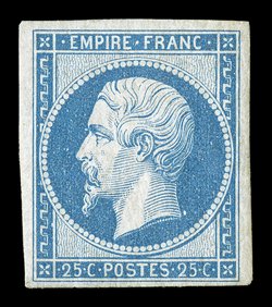 17, 1853 25c Blue on bluish, Ty. I, attractive mint single, with luxuriant color and a prooflike impression on fresh paper, mostly large margins to quite ample at bottom, o.g.,
very fine and scarce signed A. Brun and A. Diena (Yvert 15 Ç2,800