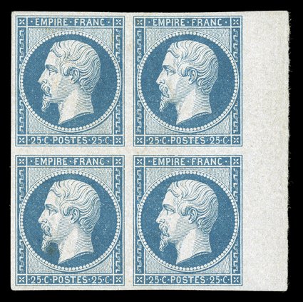 17, 1853 25c Blue on bluish, Ty. I, an exceedingly scarce right sheet-margin mint block of four, with large even margins on the other three sides, vivid rich color on fresh
paper, full original gum, top pair h.r., bottom left stamp very lightly