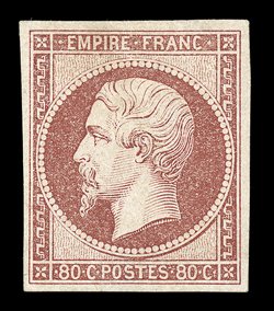 19, 1854 80c Lake on yellowish, a pleasing mint example of this scarce stamp, four large margins, bright color on clean fresh paper, o.g., choice very fine signed Calves and
another (Yvert 17Aa Ç2,800).