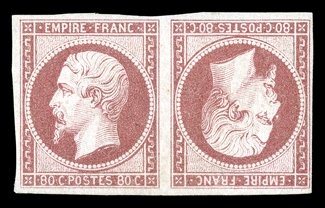 20a, 1860 80c Rose on pinkish, Ty. I, tete-beche, a sensational mint back to back horizontal tete-beche pair, incredibly fresh and bright, four ample to large margins, full
clean original gum that has only been very lightly hinged, very fine.<