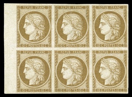 1, 1850 10c Bister on yellowish, an impressive unused left sheet-margin block of six (3x2), with large to very large margins on the other three sides, gorgeous rich color and
crisp impression on fresh paper, extremely fine and handsome one of