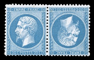 26a, 1862 20c Blue on bluish, Ty. II, tete-beche, an exceedingly fresh back to back horizontal tete-beche pair, from position 10, plate A4 from the 1867 printing, lovely bright
color on crisp clean paper, strong and intact perforations, o.g.,