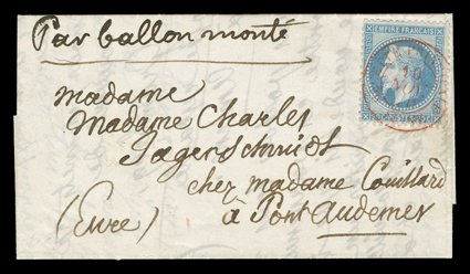 Red Recette PrincipaleSeine10 Nov. 70 double circle datestamp, bold full strike ties 1867 20c Blue on bluish (Scott 33, Yvert 29B) to 1870 folded letter with Par ballon monte
directive to Pont Audemar that was carried on board the Dague
