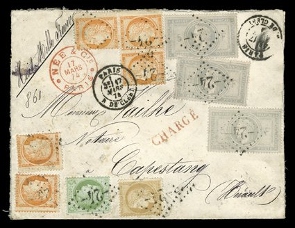 37, 1869 5Fr. Gray lilac on lavender, three fresh singles, tied along with 1870-73 5c Yellow green on pale blue (53), 15c Bister on yellowish (56) and five copies of 40c Orange
on yellowish (59) by multiple strikes of large numeral 24 in lo