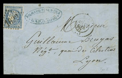 44b, 1871 20c Ultramarine on bluish, Ty. II, Report 3, single with uncommonly large even margins all around and strong unmistakable color, cancelled by large numeral 1622 in
lozenge grid to small 1871 folded letter to Lyon, matching double cir