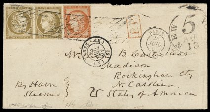 1e, 1850 10c Dark bister on yellowish, tete-beche, a spectacular quality horizontal face to face pair, with oversized even margins all around, tied along with 40c Orange on
yellowish (7) by lozenge roller cancel to cover to Rockingham City, N
