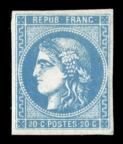 45, 1870 20c Blue on bluish, Ty. III, Die 2, extraordinarily fresh and choice mint single, large even margins all around, lovely bright color on immaculate paper, o.g., very
lightly hinged, choice very fine signed Brun and Calves (Yvert 46B Ç
