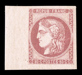 48a, 1870 80c Dull rose on pinkish, an eye-catching bottom left corner sheet-margin single, with the other two margins being lavishly large, wonderfully bright and fresh, o.g.,
light h.r., an extremely fine gem a nicer mint example would be a c