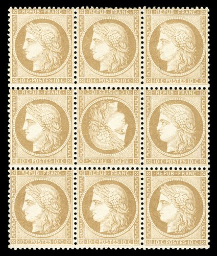 54a, 1870 10c Bister on yellowish, tete-beche, a visually striking mint block of nine (3x3), the center stamp the inverted cliche, wonderfully fresh color and paper, strong and
intact perforations all around, full clean original gum, the top and