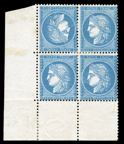 58b, 1871 25c Dark blue on bluish, tete-beche, an eye-catching bottom left corner margin mint block of four, the top left stamp the inverted cliche, rich fresh color, crisp and
intact, original gum, light h.r., trivial faint toned spot at upper