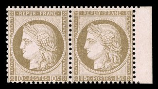 60b, 1875 10c Bister on Rose, with cliche of 15c in plate of 10c, an exciting mint right sheet-margin horizontal se-tenant pair of this sought-after error, nicely centered and
fresh, strong and intact perforations, original gum, very fine.Duri