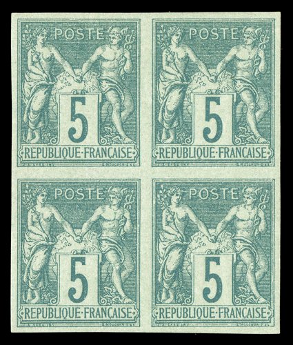 67a, 1876 5c Green on greenish imperforate, Ty. I, fresh mint block of four, large even margins all around, good color on crisp clean paper, o.g., lightly hinged, extremely fine
ex-Derby (Yvert 64 Ç3,200 for singles).