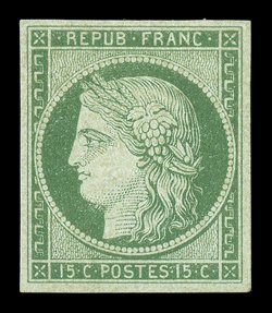 2, 1849 15c Green on greenish, a magnificent quality example of this mint rarity, boasting exceptional physical characteristics, including uniformly large even margins all
around, rich verdant color and a detailed impression, plus it possesses a