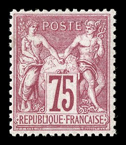 75, 1876 75c Carmine on rose, Ty. I, pleasing mint single, exceptionally fresh, nicely centered, rich color, o.g., very lightly hinged, very fine signed A. Brun and Calves, as
well as being accompanied by a 1984 Fourcaut certificate (Yvert 71