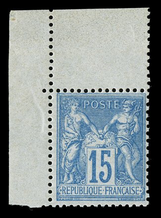 92b, 1878 15c Blue on bluish, Ty. II, handsome top left corner margin mint single, post office fresh, rich color, pristine o.g., n.h., very fine (Yvert 90 Ç675 for
hinged).