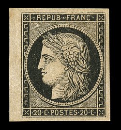 3b, 1849 20c Black on buff, strikingly handsome mint single with a partial sheet margin at left, other margins uncommonly large and even, deep rich color on strongly colored
paper, full original gum that has only been lightly hinged, an extremel