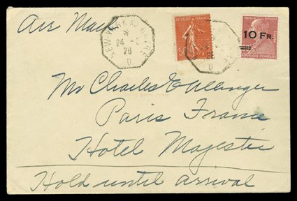C3, 1928 10Fr on 90c Ile de France airpost, incredibly well centered single, just tied along with 50c Sower (146) by partial strike of octagonal New-York au Havre24.828
datestamp to cover to Paris, France, stronger strike of postmark repe