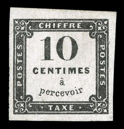 J1, 1859 10c Black, an especially handsome unused example of this rare postage due stamp, featuring large to huge margins all around, strong color on particularly fresh white
paper, extremely fine a very attractive example of this elusive stamp