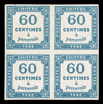 J10a, 1878 60c Dark blue, handsome and scarce mint block of four, remarkably fresh, large even margins all around, full o.g., lightly hinged, bottom right stamp n.h., very fine
signed Calves and accompanied by his 1990 certificate (Yvert TT9a