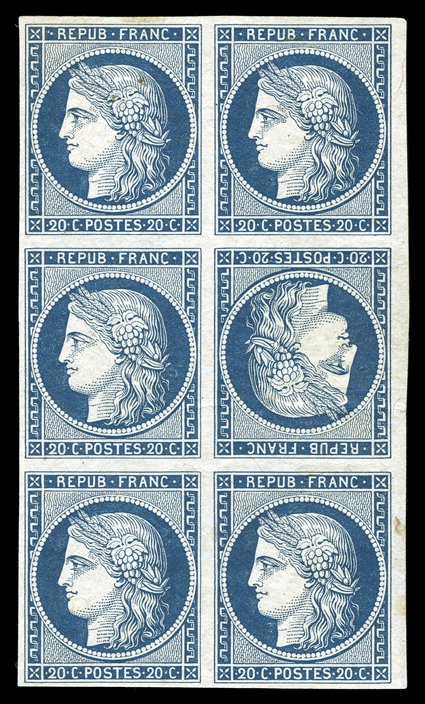 4, 4c, 1849 20c Dark blue, tete-beche, a visually striking mint block of six (2x3), the center stamps a back to back horizontal tete-beche pair, ample to huge margins all around,
striking intense color on bright white paper, original gum, some