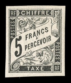 J12a-J14a, 1884 1Fr-5Fr Black postage dues, handsome mint examples, each with large to huge margins all around, including the 1Fr with bottom left corner sheet-margin and 2Fr
with left sheet-margin, o.g., extremely fine 5Fr signed Bellinger 