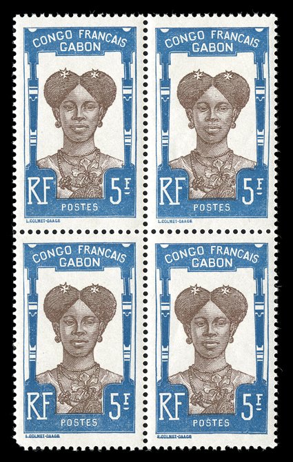 48, 1910 5Fr Blue and chocolate, fresh mint block of four of this high value, precisely centered, o.g., lightly hinged, top left and bottom right stamps n.h., bottom left stamp
with corner perf. missing, otherwise extremely fine and choice ex