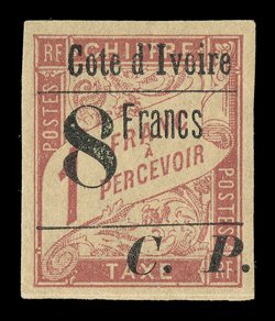 Q34-36, 1905 2Fr-8Fr Surcharges on 1Fr Rose on buff, each with large even margins all around, the 4Fr with partial sheet-margin at top, full fresh o.g., the 4Fr n.h., extremely
fine only 500 of the 8Fr were issued 8Fr signed A. Brun ex-Gibr