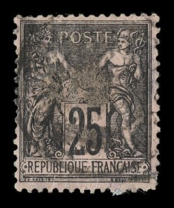 22C, 1895 Thick 15 handstamped surcharge on 25c Black on rose, Majunga provisional, surcharge mostly washed off as nearly always, well centered, c.d.s. cancel, expertly repaired
at bottom right corner, very fine appearance only a tiny numbe