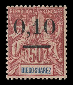 62, 1902 0.05 Wide surcharge on 50c Carmine on rose of Diego-Suarez, a brilliantly fresh mint example of one of the rarest French Colonies stamps from the early 20th century,
deep luxuriant color, nicely centered, full clean o.g., h.r., ve