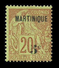 2, 1886 Martinique5c Small surcharge on 20c Red on green, a pleasing mint example of this terribly rare stamp, which is the key item to completing a collection of Martinique,
vivid rich colors, centered to lower right as are all the known gen