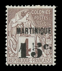 17, 1888 Martinique15c Surcharge on 4c Claret on lavender, an exceptionally fresh and choice mint example of this important French Colonies rarity, with gloriously rich color
and a strong impression on clean white paper, centered a bit to low