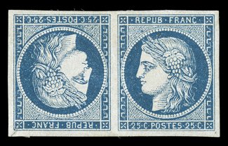 6c, 1849 25c Blue on yellowish, tete-beche, a magnificent appearing horizontal face to face tete-beche pair, with uniformly large margins all around, deep rich color on fresh
paper, part original gum, 3mm sealed diagonal tear at bottom left co