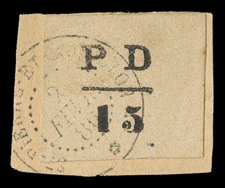 14, 1886 15c Black, a choice example of this primitive provisional stamp which is only known used, tied to small piece by clear St Pierre et Miquelon2 Fevr. 86 datestamp,
uncommonly fresh, extremely fine signed Champion and A. Diena (Yvert 