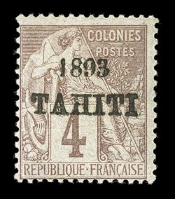 19, 1893 4c Claret on lavender, with 1893Tahiti ovpt., rich color, o.g., fresh and fine a very scarce stamp signed Bernichon, A. Brun and Roumet ex-Gibralter (Yvert 21
Ç2,000).