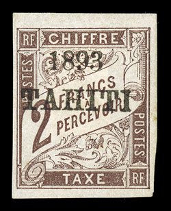 J15-26, 1893 2c-2Fr Postage dues, with 1893Tahiti ovpts., cplt. but for the rare 1c value, each with ample to mostly large margins all around, including 30c and 40c with sheet
margin, all but 15c o.g., h.r., 4c crease and 10c thinned spots, o