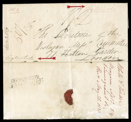 1824 (2 Apr.) Single sheet entire letter from missionaries Nathaniel Turner and William White of the Wesleyan Mission at Wangaroa to London, marked Duplicate, rated 12 and
showing, on reverse, step-type gravesendship letter
