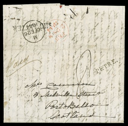 1843 (17 Aug.) entire letter, headed Wanganui to Portobello, Scotland, rated 8 and showing a magnificent strike of the exceptionally rare petre h.s., the reverse showing
London ship letter h.s., London (26.2) and Edinb