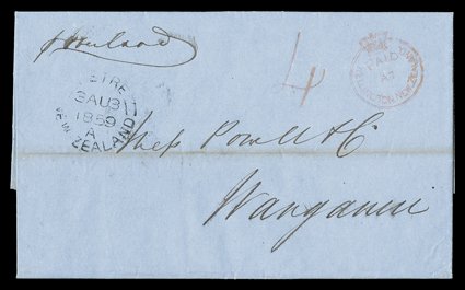 1859 (1 Aug.) entire letter from the Wellington Steam Navigation Co. Ltd p Overland to Wanganui, showing a fine strike of the paidatwellington new zealand Crowned Circle
alongside h.s. 4 in the same ink, Petre double-arc arrival