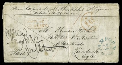 1846 (7 Oct.) soldiers entire letter From Corporal No. 1466 John Mitchell 58th. Regiment Wahapu New Zealand to England, countersigned by the Commanding Officer, rated 1 and
showing framed paid atauckland h.s. in red, London