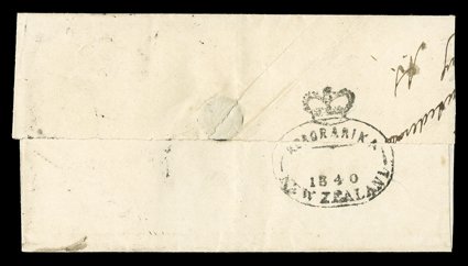 1844 (Jan.) small entire (one side panel missing) from Kororarika to Auckland showing, on reverse across join, a fine strike of the kororarikanew zealand Crowned oval d.s.
with fixed 1840 dateline, the face panel marked OHM Service
