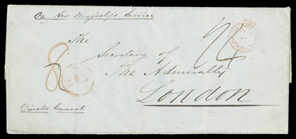 1847 (17 Sept.) OHMS entire (209x94mm.) from Wellington to the Secretary of the Admiralty, London, rated 8 (deleted) and 14 and showing a good strike of the paidatwellington
new zealand Crowned Circle h.s., the reverse with